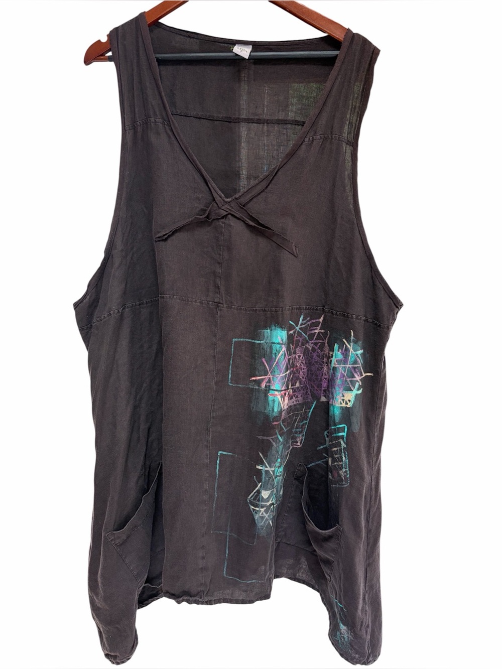 Vintage Blue Fish Art to Wear Tunic Dress Size 2 Brown Cotton USA Lagenlook